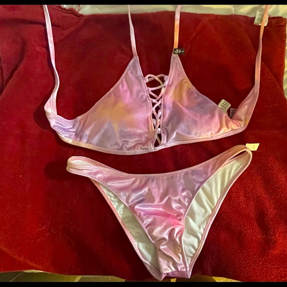 Pink Victoria secret bikini size large, velvet multi color, mostly pink